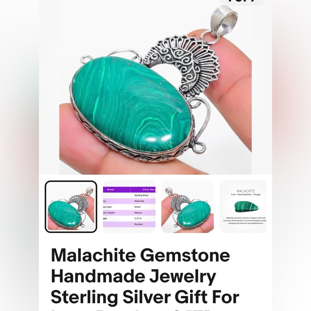 Beautiful Natural Malachite Gemstone Pendant In Silver Plate. N